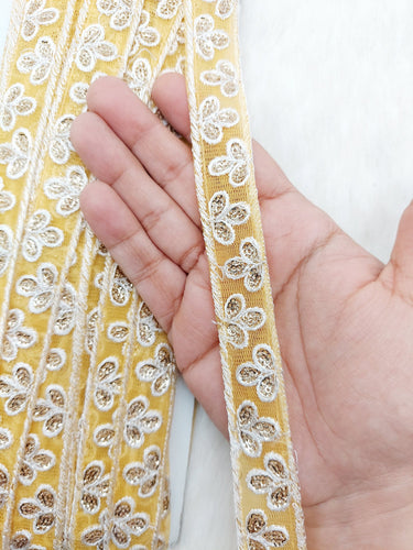 Wholesale Yellow Net Lace Floral Embroidery & Glitter Gold Sequins, Indian Wedding Border, Gifting Ribbon Costume Trim Fashion Trimming